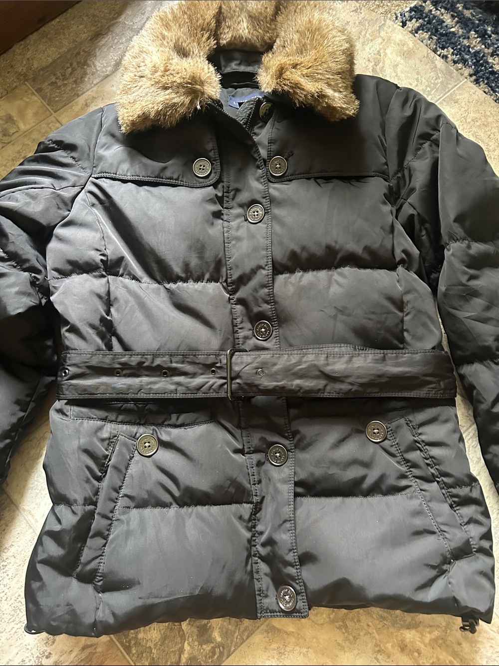 Lands' End Black Ski Coat with Faux Fur Collar